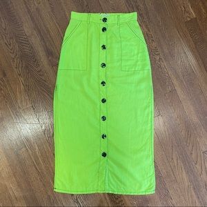 Neon Lime Green Linen Rayon Midi Skirt with Buttons XS